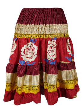 Women Summer Elastic Skirt, Red Beach Recycle Silk Skirts S/M