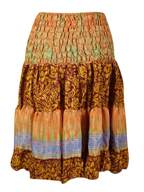 Womens Summer Ruched Skirt Squash Floral Beach Recycle Silk Skirts S/M
