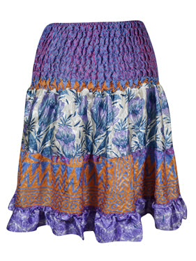 Womens Summer Ruched Skirt Purple Floral Beach Recycle Silk Skirts S/M