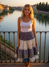 Women’s Purple & White Floral Recycled Silk Skirt – Ruched Boho Beachwear for Summer S/M