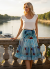 Women’s Blue Floral Recycled Silk Skirt – Ruched Boho Beachwear for Summer  S/M