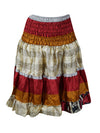 Women’s Red & White Boho Chic Skirt – Recycled Silk Beachwear, Flowy Summer Festival S/M