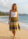 Women’s Yellow Floral Ruched Skirt – Recycled Silk Boho Beach Skirt, Flowy Summer Festival S/M