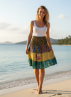 Women’s Yellow & Green Floral Ruched Skirt – Boho Recycled Silk Beachwear, Flowy Festival  S/M