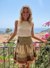 Women’s Beige Leaf Print Ruched Skirt – Boho Recycled Silk Summer Beachwear l Maxi Skirt, S/M