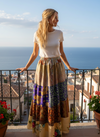 Women’s Earthy Gold Multicolor Floral Patchwork Maxi Skirt – Boho Chic Long Skirt S/M
