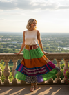 Women's Mexicalli Green & Orange Patchwork Maxi Skirt – Boho Flowy Long Skirt, S/M