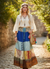 Women’s Blue Patchwork Maxi Skirt – Handmade Boho Long Skirt, Flowy Bohemian S/M/L