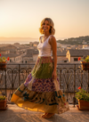 Women’s Kelly Green & Purple Floral Patchwork Maxi Skirt – Handmade Boho Long Skirt, S/M