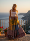 Women’s Yellow and Blue Patchwork Maxi Skirt – Flared Boho Long Festival & Beachwear Skirt S/M/L