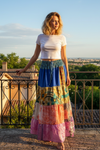 Women’s Blue and Pink Floral Patchwork Maxi Skirt – Long Boho Flared Skirt, Handcrafted Vintage Inspired  S/M/L