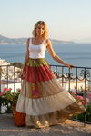 Women’s Red Floral Patchwork Maxi Skirt – Handcrafted Boho Flared Summer Skirt, Vintage Inspired Festival  S/M/L