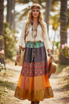 Women’s Orange Patchwork Maxi Skirt | Recycled Silk Flared Boho Long Skirt S/M/L