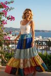 Women’s Azure Blue Patchwork Maxi Skirt | Flared Bohemian Long Skirt S/M/L