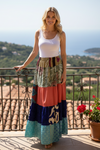Women’s Red & Blue Patchwork Maxi Skirt | Vibrant Boho Flared Skirt  S/M/L