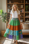 Women’s Kelly Green Patchwork Maxi Skirt | Boho Flared Beach Summer Skirt  S/M/L