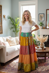 Women’s Orange & Red Floral Patchwork Maxi Skirt | Boho Flared Summer Long Skirt S/M/L