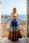 Women’s Azure Blue Patchwork Maxi Skirt | Boho Chic Flared Long Skirt S/M/L