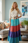 Women’s Sky Blue & Red Patchwork Maxi Skirt | Vibrant Boho Style Flared Long Skirt S/M/L