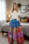 Women’s Blue Patchwork Maxi Skirt – Handmade Boho Flowy Summer Beach Cover-Up S/M/L