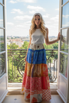 Women’s Blue & Red Patchwork Maxi Skirt | Handmade Boho Flared Long Skirt  S/M/L