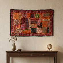  Vintage Orange & Maroon Sari Tapestry – Hand-Embroidered Beaded Patchwork Wall Hanging