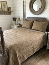 Indian Boho Embroidered Bedcover – Lined Khaki Bed Throw, King Size Hand-Embroidered