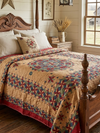 Indian Boho Floral Kantha Embroidered Bedspread – Red & Beige Printed Cotton Throw