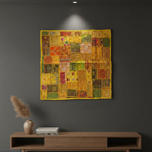  Vintage Yellow Sari Tapestry – Square Hand-Embroidered Patchwork Wall Hanging