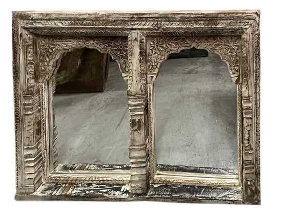 Vintage Double Arch Whitewash Mirror Hand Carved Jharokha