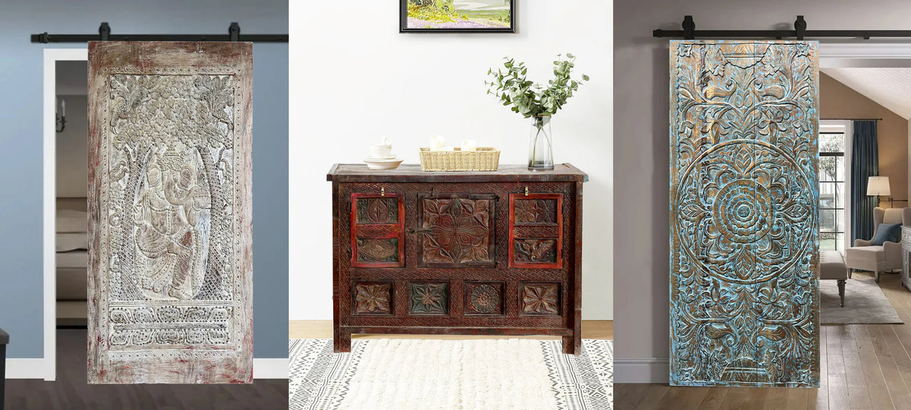  Decorative panels with intricate designs on a wooden cabinet.