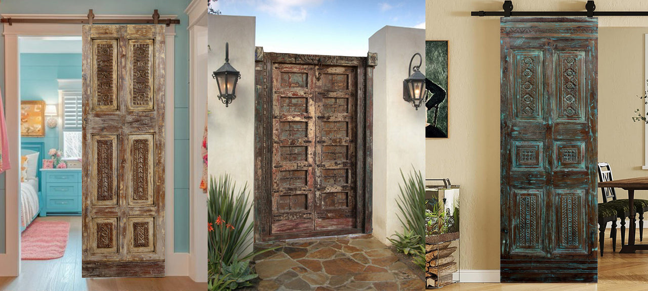  Three images of rustic wooden sliding doors in different settings.