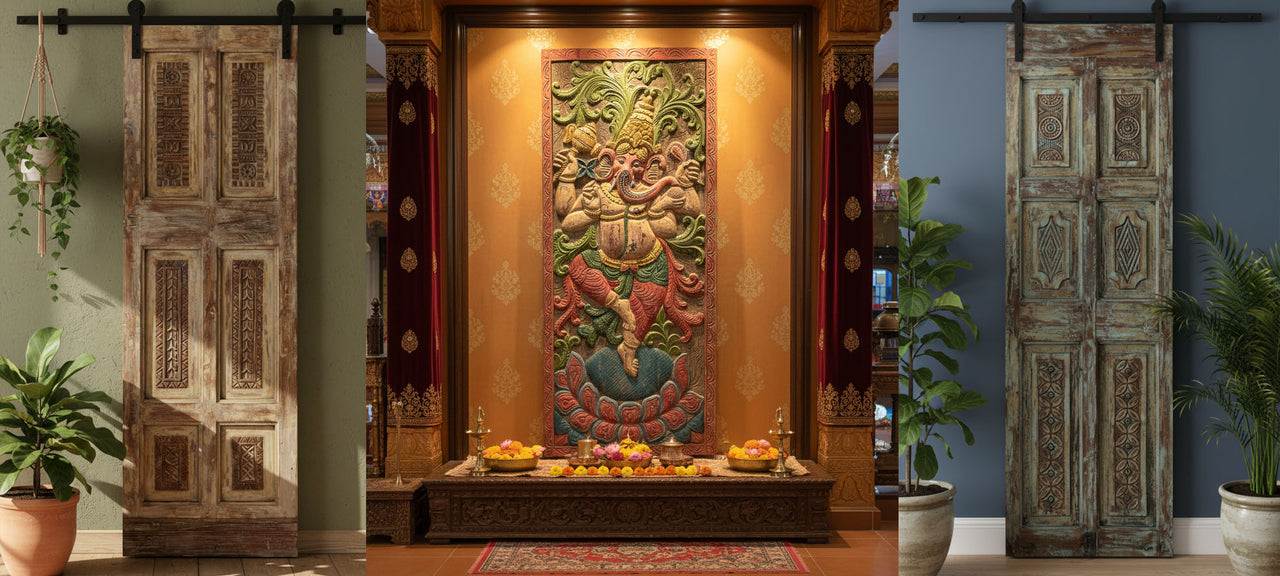  Decorative wall panel with a colorful design in an interior setting, flanked by wooden sliding doors.