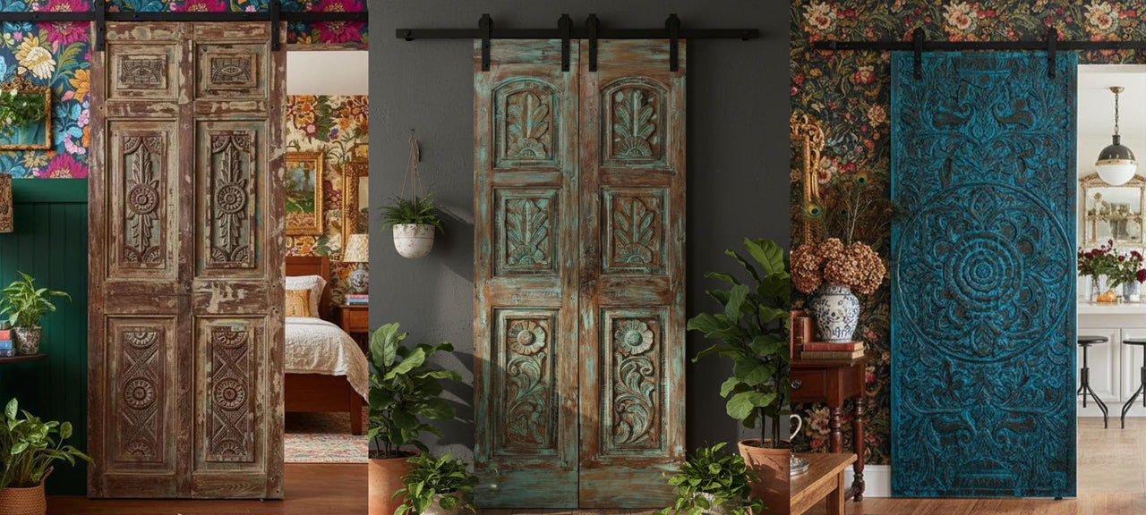  Decorative wooden doors with intricate carvings in a room setting.