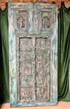 Vintage Carved Indian Barn Door – Rustic Distressed Blue Reclaimed Wood