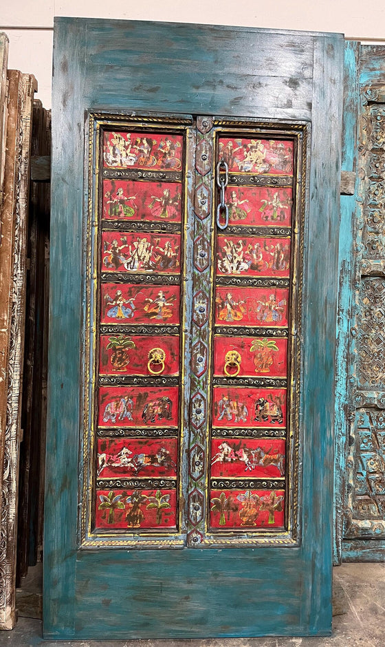 Antique Ganesha Painted Barn Door Vintage Wod Hand Carved Door 88x42