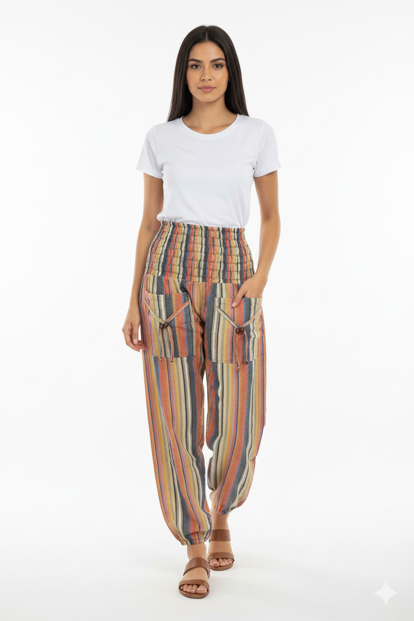  Woman wearing a white t-shirt and colorful striped pants on a white background