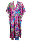 Womens Caftan Maxi Dress, Cotton Pink Floral Printed Lounger Beach Coverup 3X