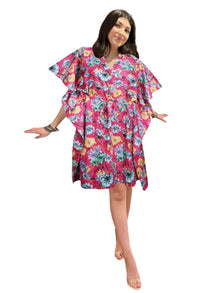  Pink Floral Printed Tunic Caftan Dress – Handcrafted Boho Kaftan for Women L-XL