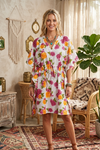 Women’s White & Pink Rose Print Kaftan – Boho Flowy Resort & Beach Cover-Up Dress L-3XL