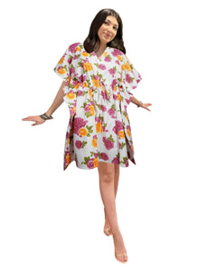  White & Pink Rose Printed Kaftan for Women – Boho Flowy Resort Wear L-3XL