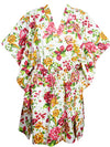 Summer Cotton Short Kaftan, Pink White Floral Printed Beach Caftan L-3XL