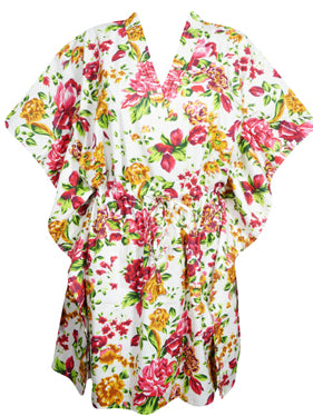 Summer Cotton Short Kaftan, Pink White Floral Printed Beach Caftan L-3XL