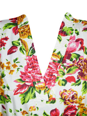 Summer Cotton Short Kaftan, Pink White Floral Printed Beach Caftan L-3XL