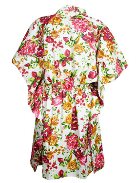 Summer Cotton Short Kaftan, Pink White Floral Printed Beach Caftan L-3XL