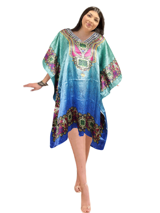Teal Blue Kaftan for Women – Boho Maxi Caftan Beach Cover Up , one size