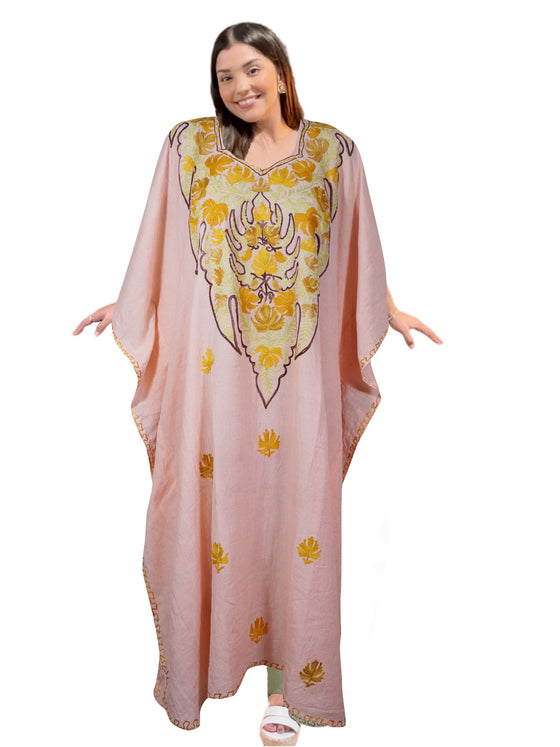 Embroidered Pink Sherbet Caftan Maxi Dress – Flowy Boho Lounge Kaftan for Women 3XL