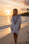 Boho Kaftan for Women – White & Red Embroidered Short Kimono Kaftan Dress  S/L