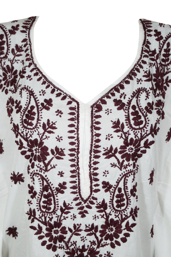 Boho Kaftan for Women White Red Embroidered Short Kaftans S/L