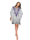 Boho Kaftan for Women – White and Purple Embroidered Short Kimono Dress S/L